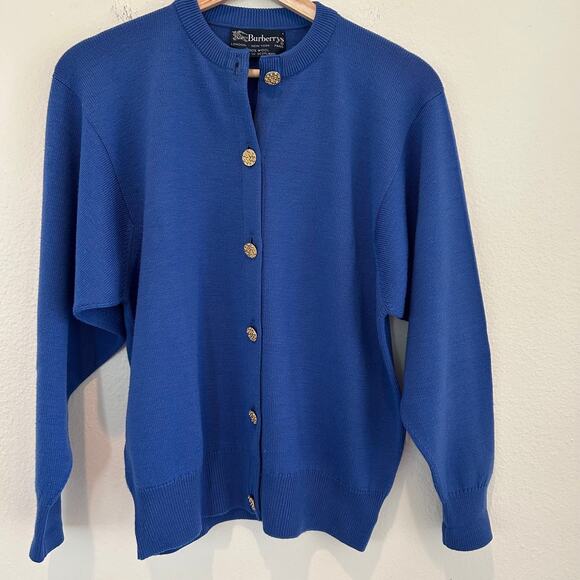 Vintage Burberrys Cardigan Button Down 100% Wool Blue SZL Old Money Classic - Picture 5 of 11